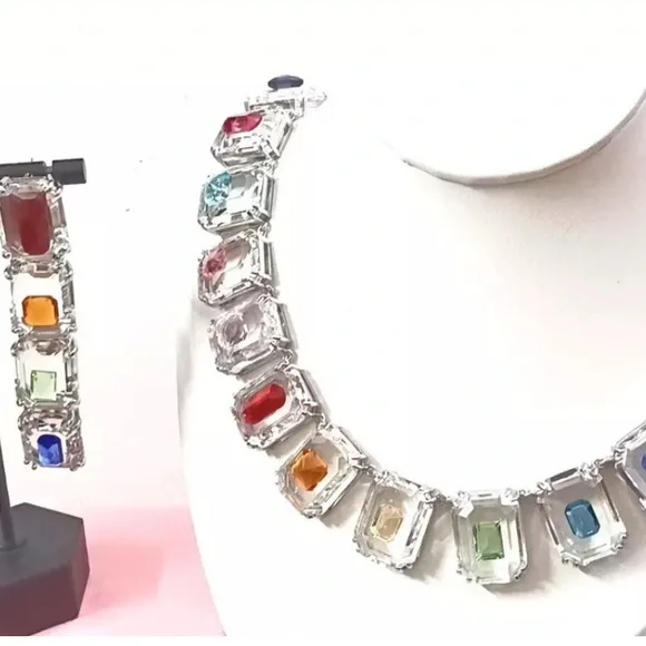 Pre owned Authentic Swarovski Colorful Statement Necklace with earrings - Picture 5 of 17